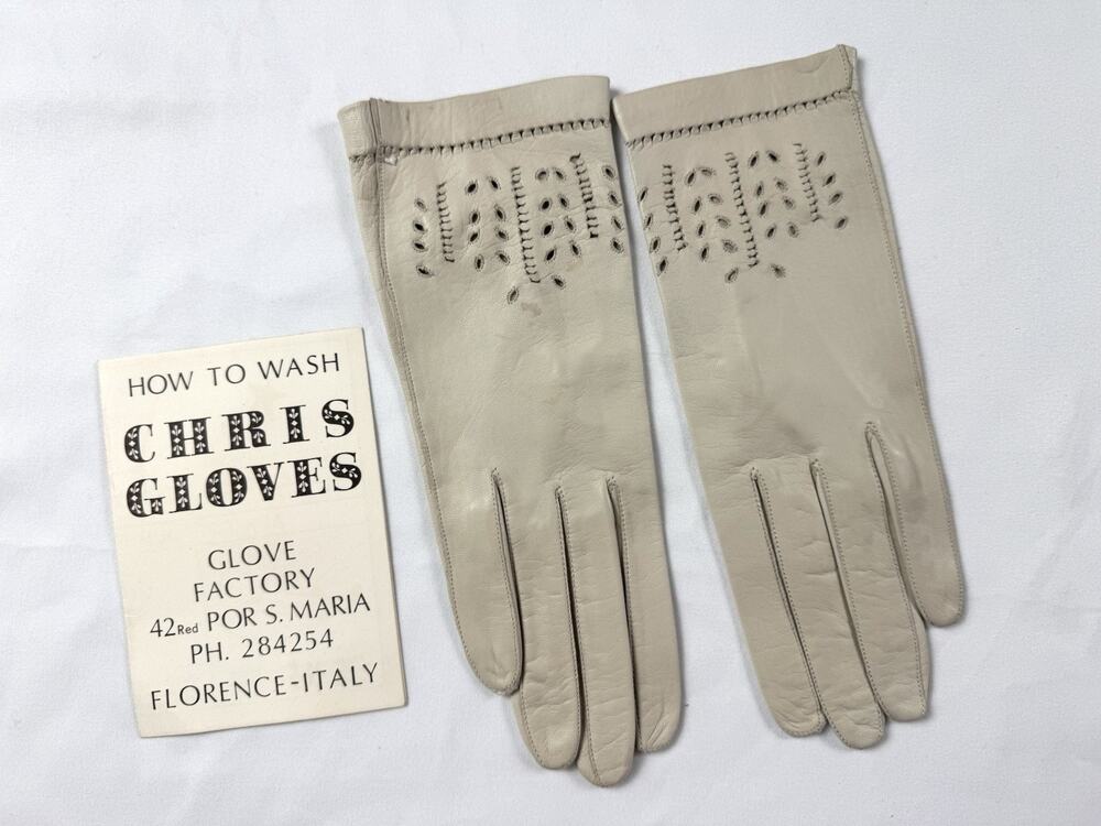 Vintage Ecru Soft Leather Gloves Size 7 Cutwork Hand Laced Elegant Italy